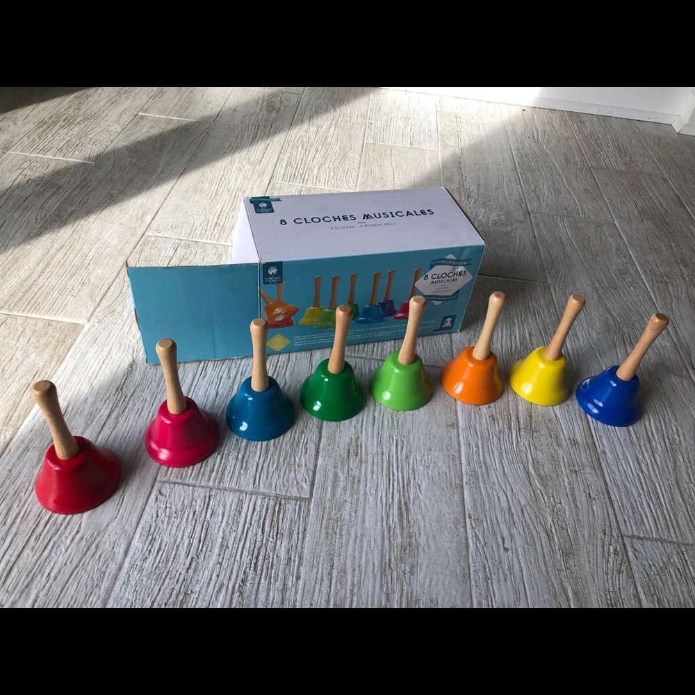 Montessori Musical Bells, 8 bells, wooden handles